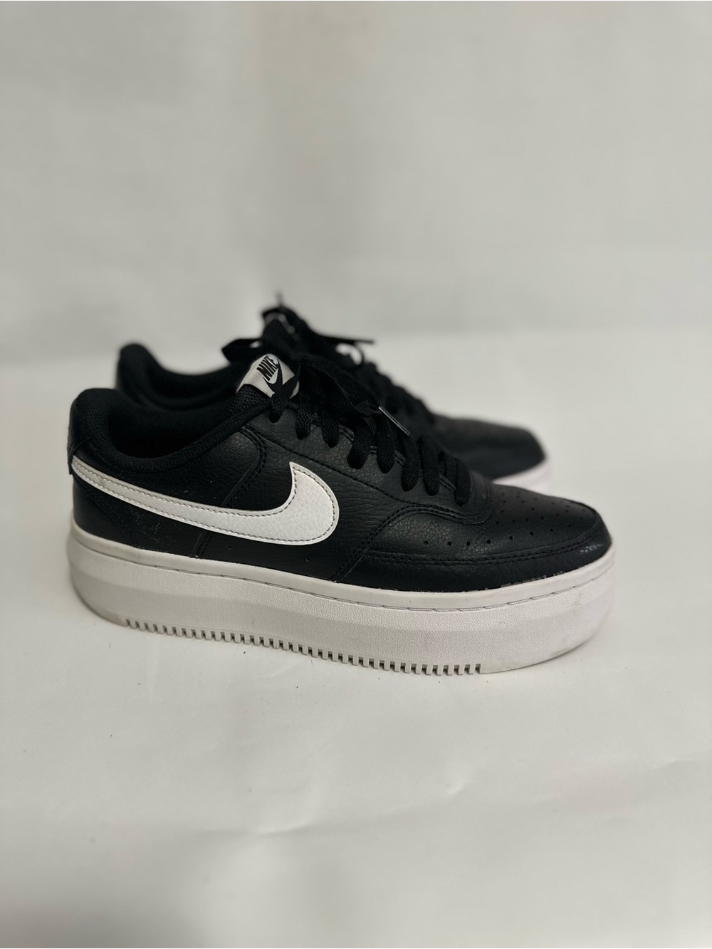 Nike Women Black Leather Platform Sneakers with White Swoosh Accent